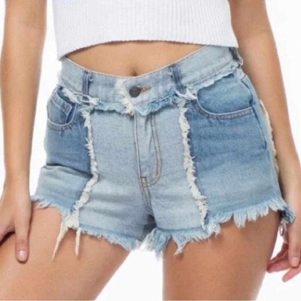 Revice Denim Patchwork Two Tone High Rise Cutoffs Denim Shorts